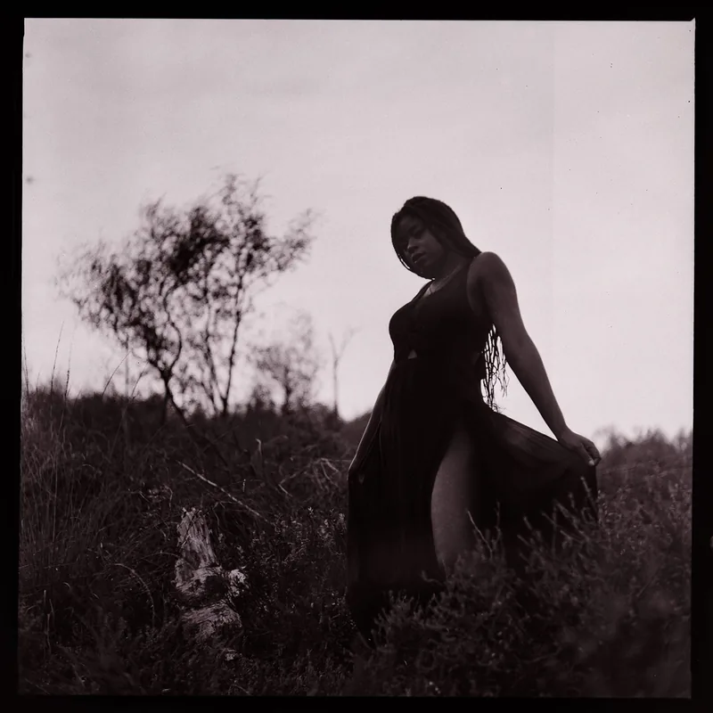 Analoges Portrait einer Frau in einem dunklen, fließenden Kleid in einer natürlichen Landschaft.