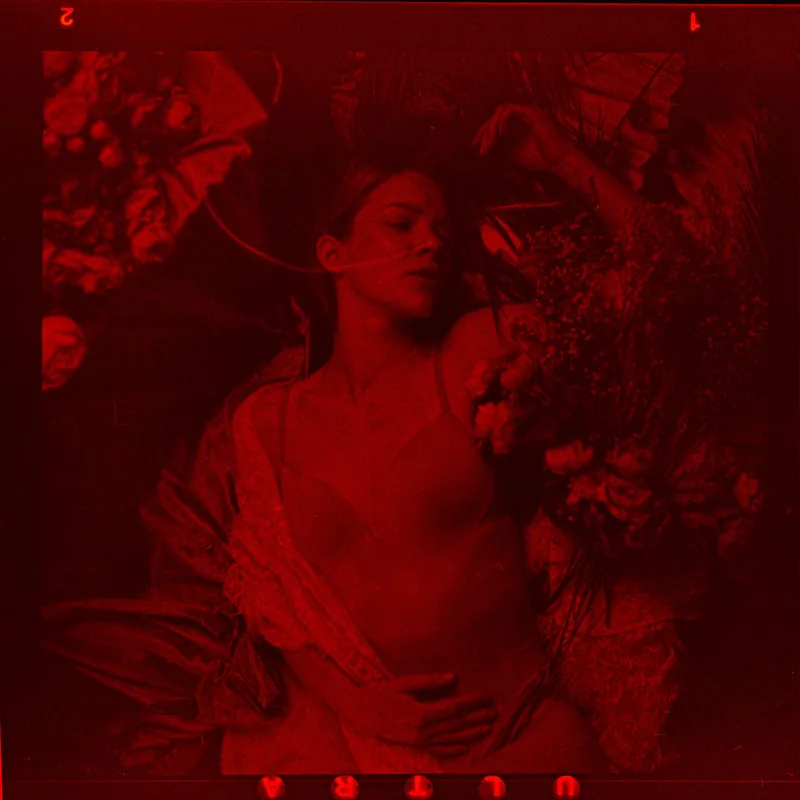 Analoges Portrait einer liegenden Frau inmitten von Blumen in tiefem Rot.
