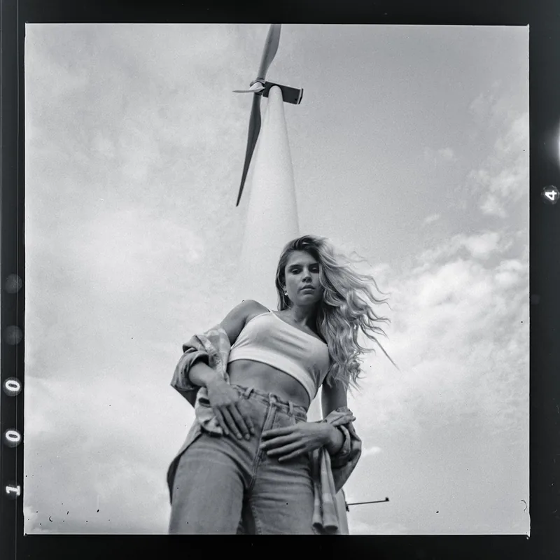Analoges Schwarz-Weiß-Portrait einer Frau mit langem Haar vor einer Windkraftanlage unter bewölktem Himmel.