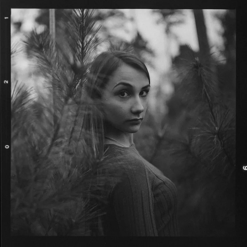 Analoges Schwarzweiß-Portrait einer Frau zwischen Kiefernzweigen.
