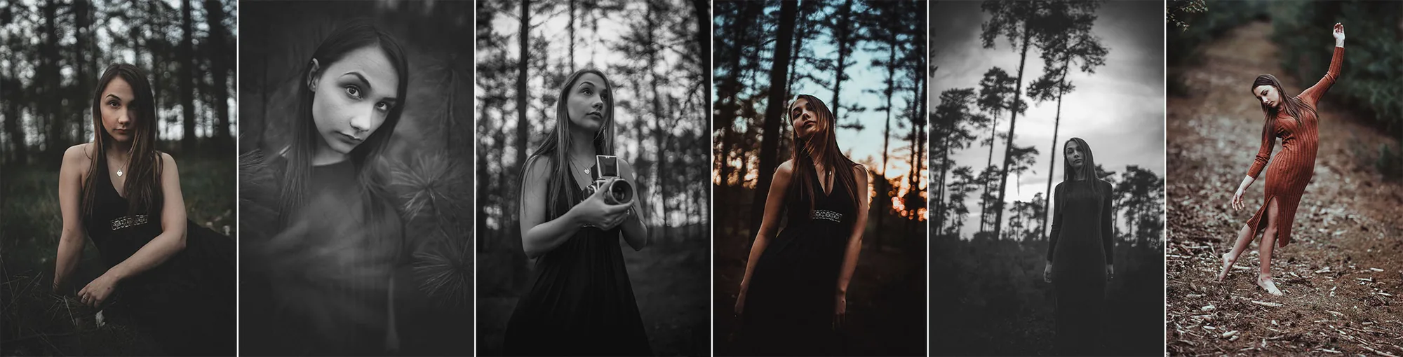 Collage aus sechs stimmungsvollen Porträts einer Frau im dunklen Wald
