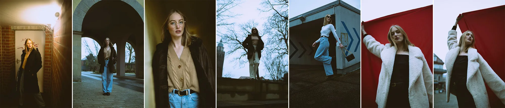 Collage aus fünf Fashion-Portraits von Frauen in urbaner Umgebung und vor farbigen Hintergründen