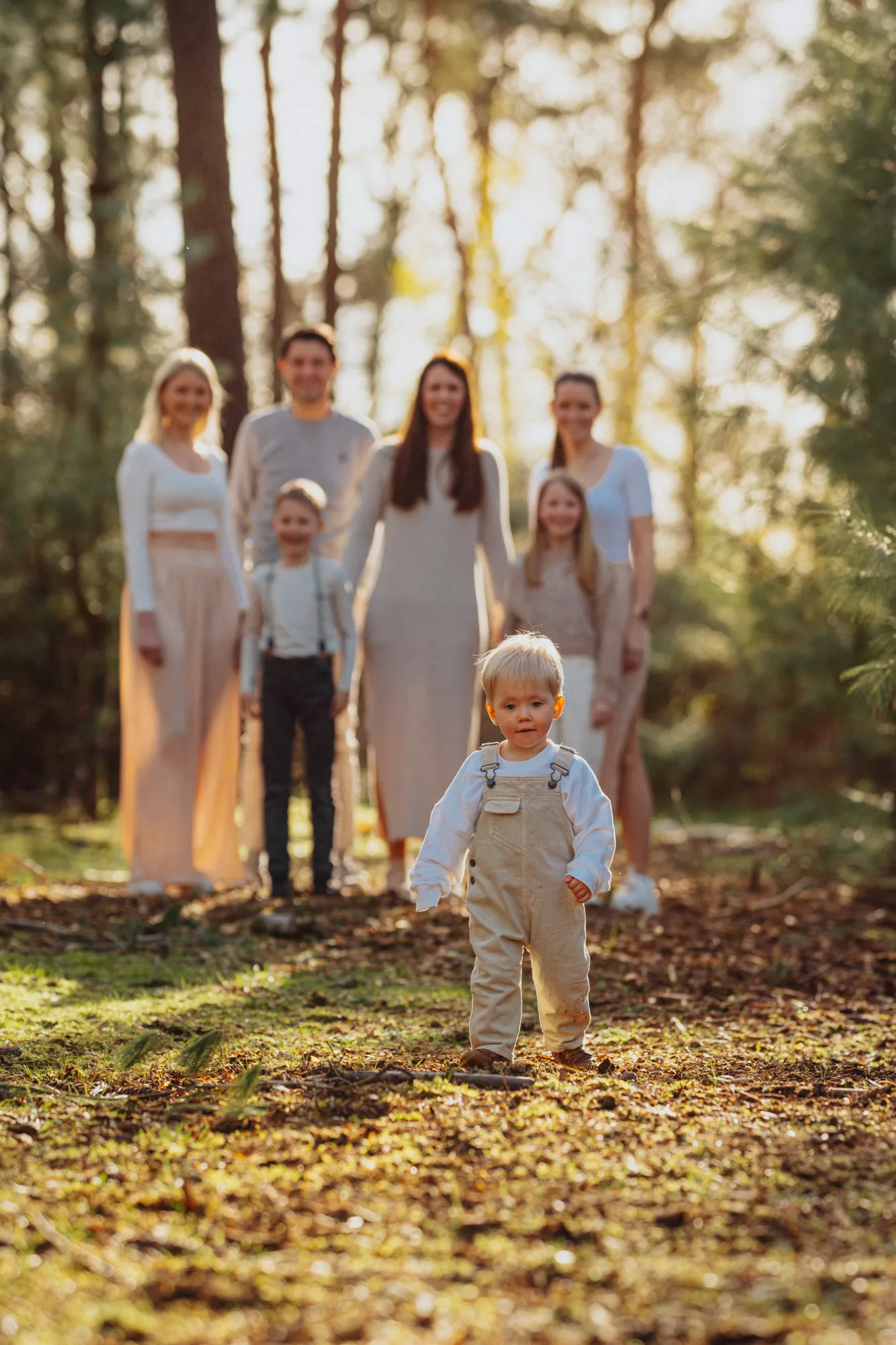 Familienfoto im sonnendurchfluteten Wald mit einem Kleinkind im Vordergrund.