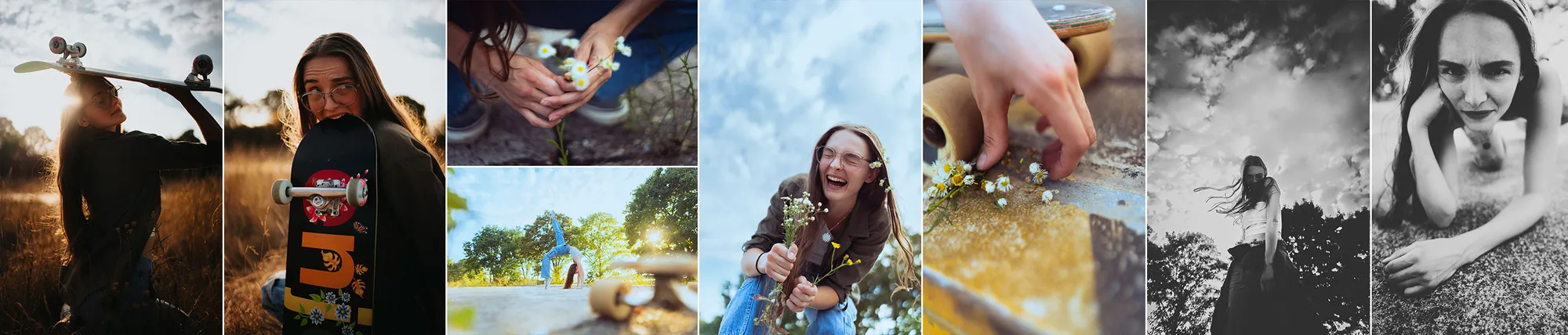 Fotokollage mit verschiedenen Porträts, Naturdetails und einer Person auf einem Skateboard