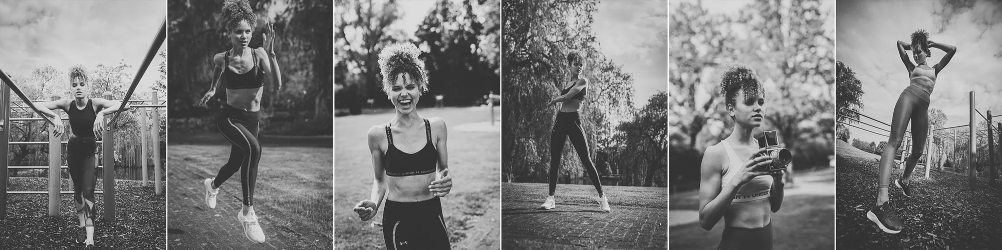 Schwarz-weiß Collage mit Aufnahmen einer Frau in Sportbekleidung im Park.