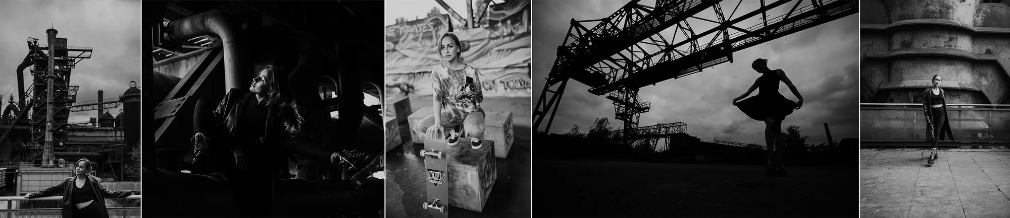 Schwarz-Weiß-Collage mit Porträts einer Frau vor industrieller Kulisse.