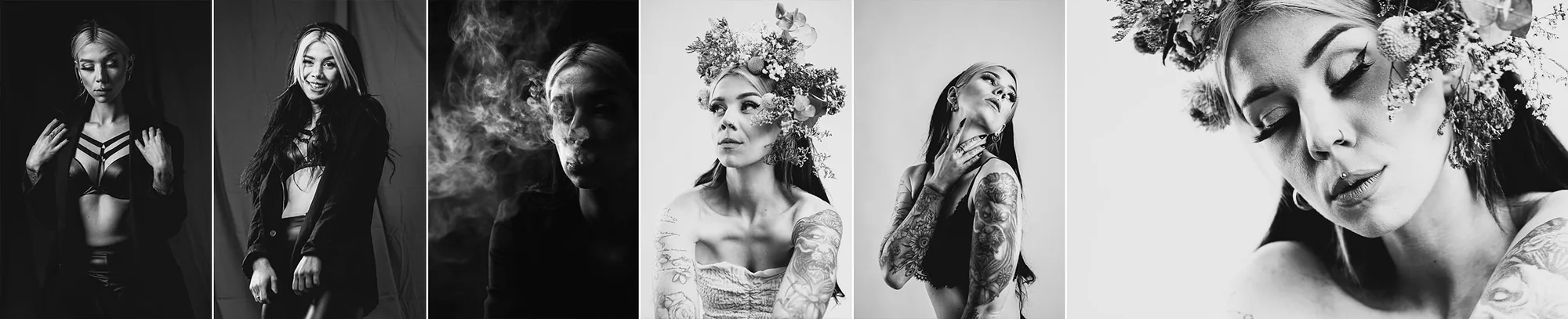 Schwarz-Weiß-Collage mit verschiedenen künstlerischen Porträts und floralen Elementen.