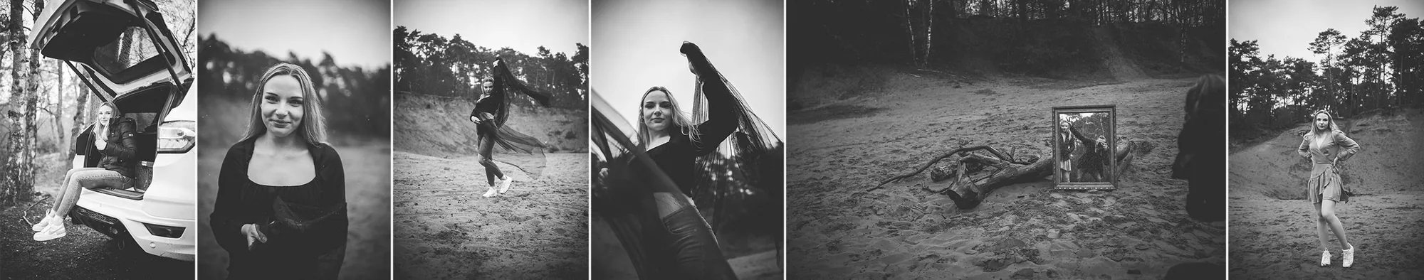 Schwarz-weiß Fotocollage mit vier verschiedenen Aufnahmen einer Frau in einem Auto und im Wald.