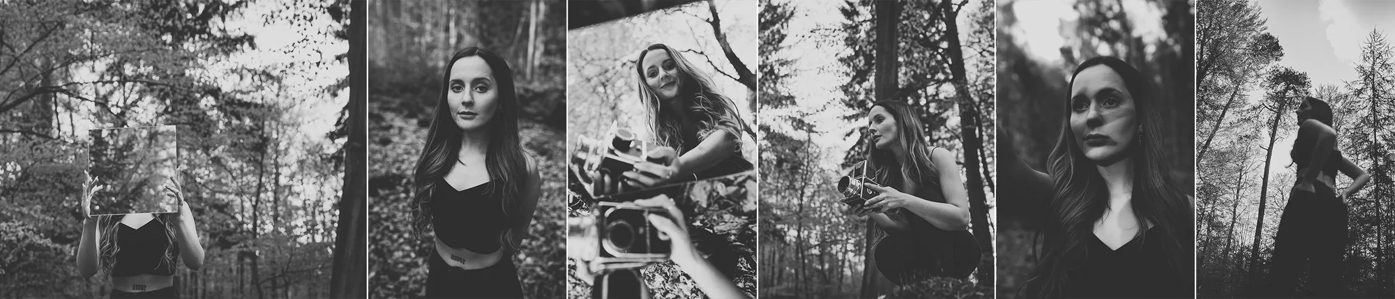Schwarz-Weiß-Kollage aus fünf analogen Porträts einer Frau im Wald.