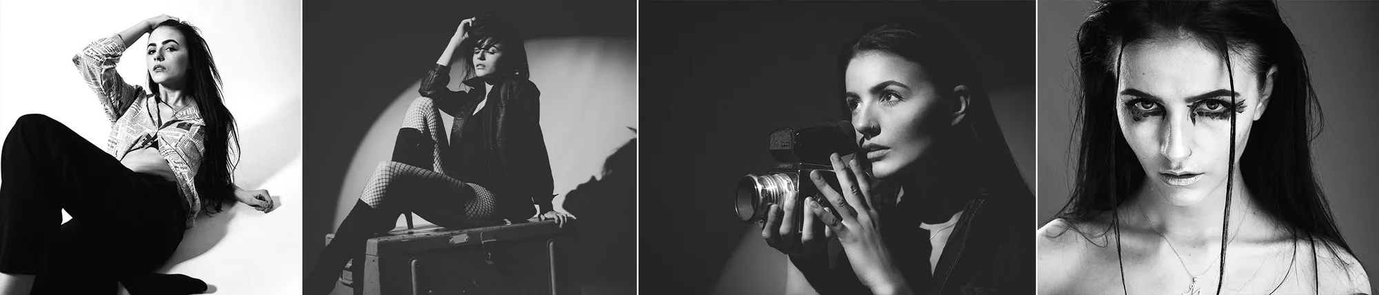 Schwarz-weiß Montage aus vier Porträts einer Frau, darunter ein Bild mit einer analogen Kamera.