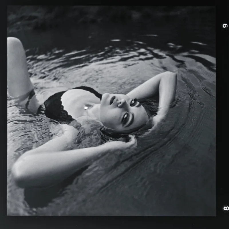 Schwarz-weiß-Portrait einer Frau, die im Wasser treibt.