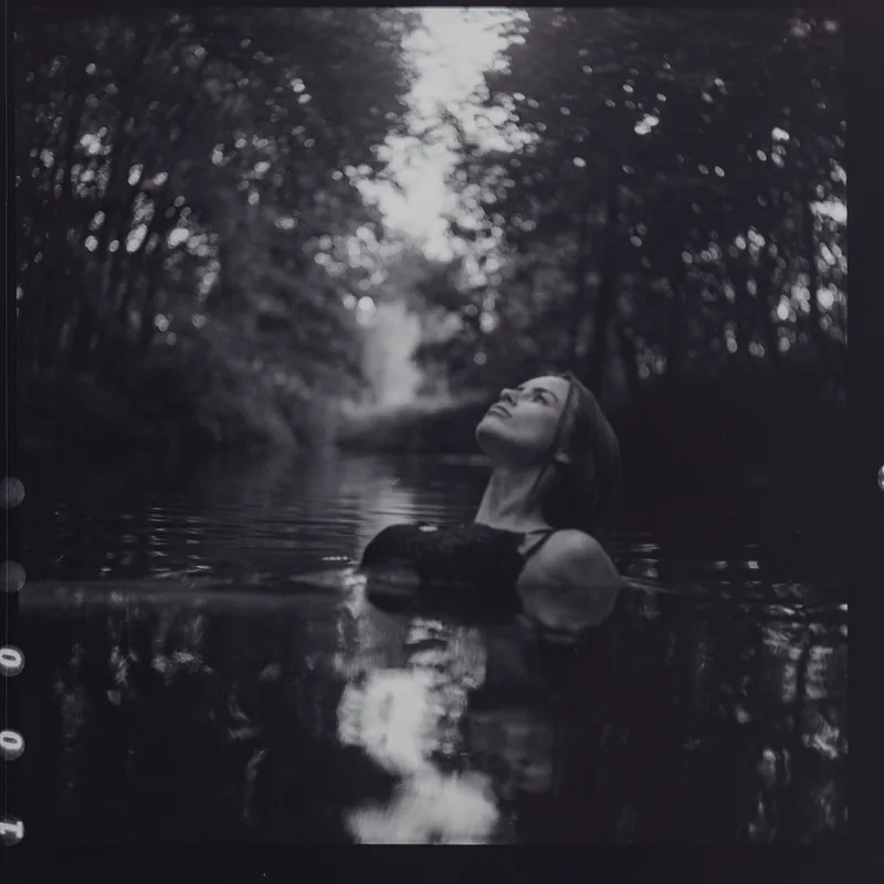 Schwarz-weiß Portrait einer Frau im Wasser unter Bäumen mit erhobenem Blick.