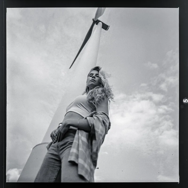 Schwarz-weiß Portrait einer Frau vor einer Windkraftanlage unter bewölktem Himmel.