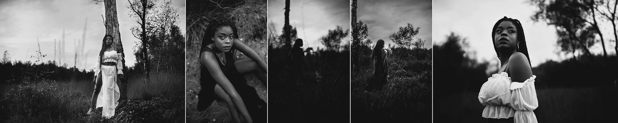 Schwarzweiß-Portrait einer Frau im Wald aus der analogen 8 Frames Serie.
